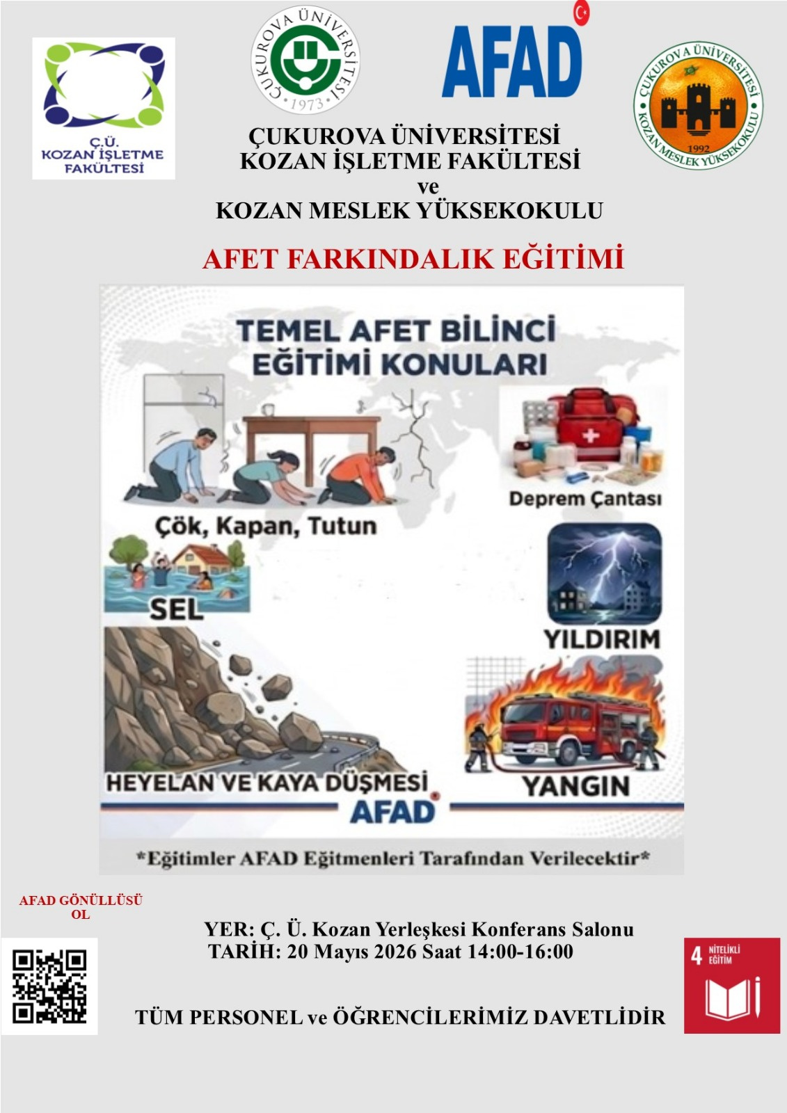 Farkındalık Etkinlikleri Kapsamında “Afet Farkındalık Eğitimi” Konulu Seminer Yapılacaktır