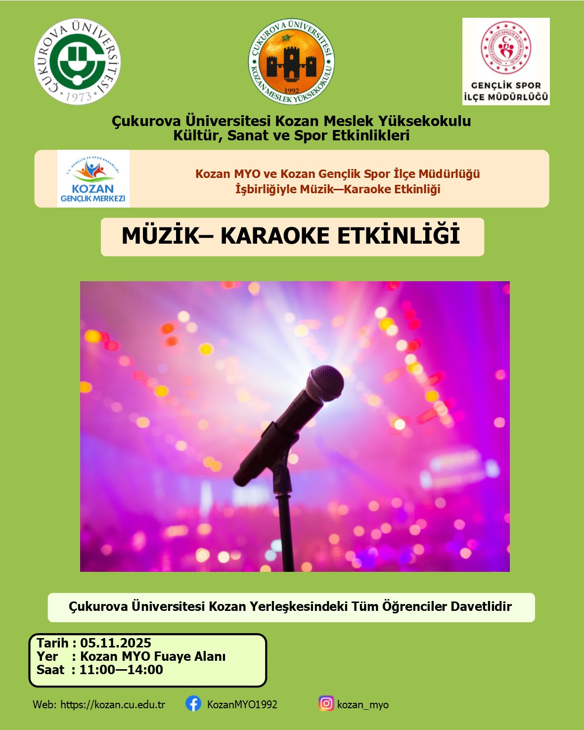 Kozan MYO ile Kozan Gençlik ve Spor İlçe Müdürlüğü İşbirliğiyle Müzik-Karaoke Etkinliği