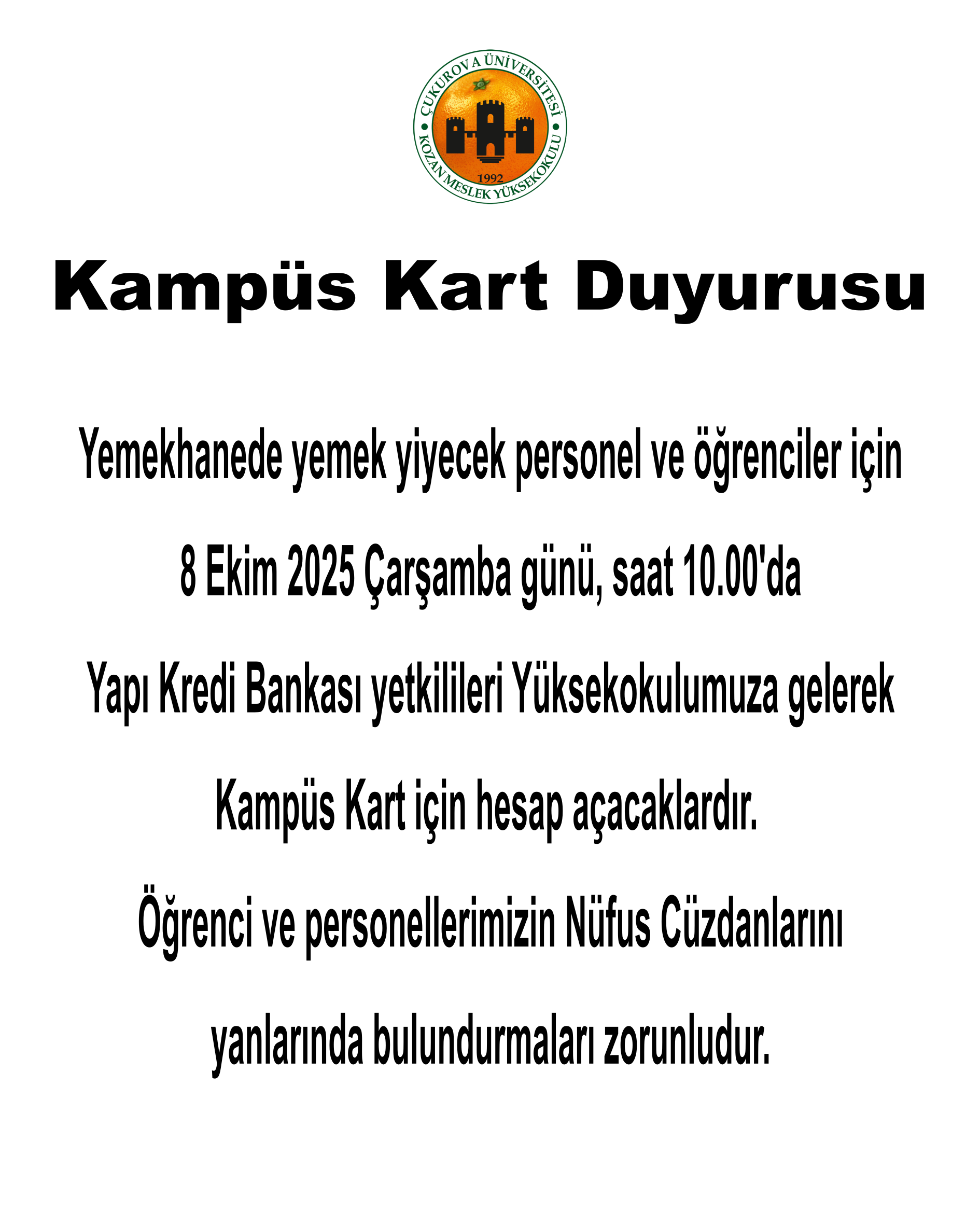 Kampüs Kart Duyurusu