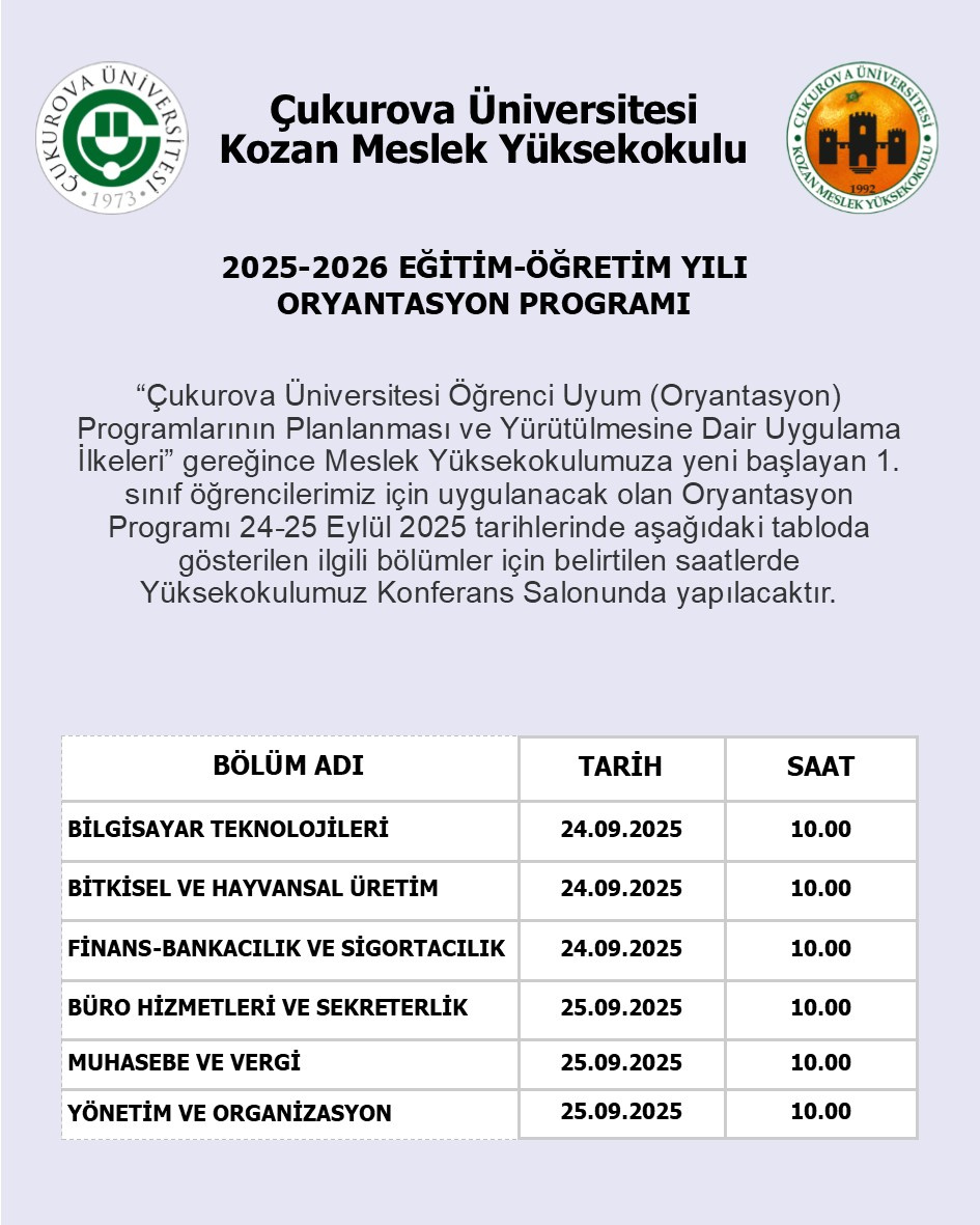 2025-2026 Eğitim-Öğretim Yılı Oryantasyon Programı Duyurusu
