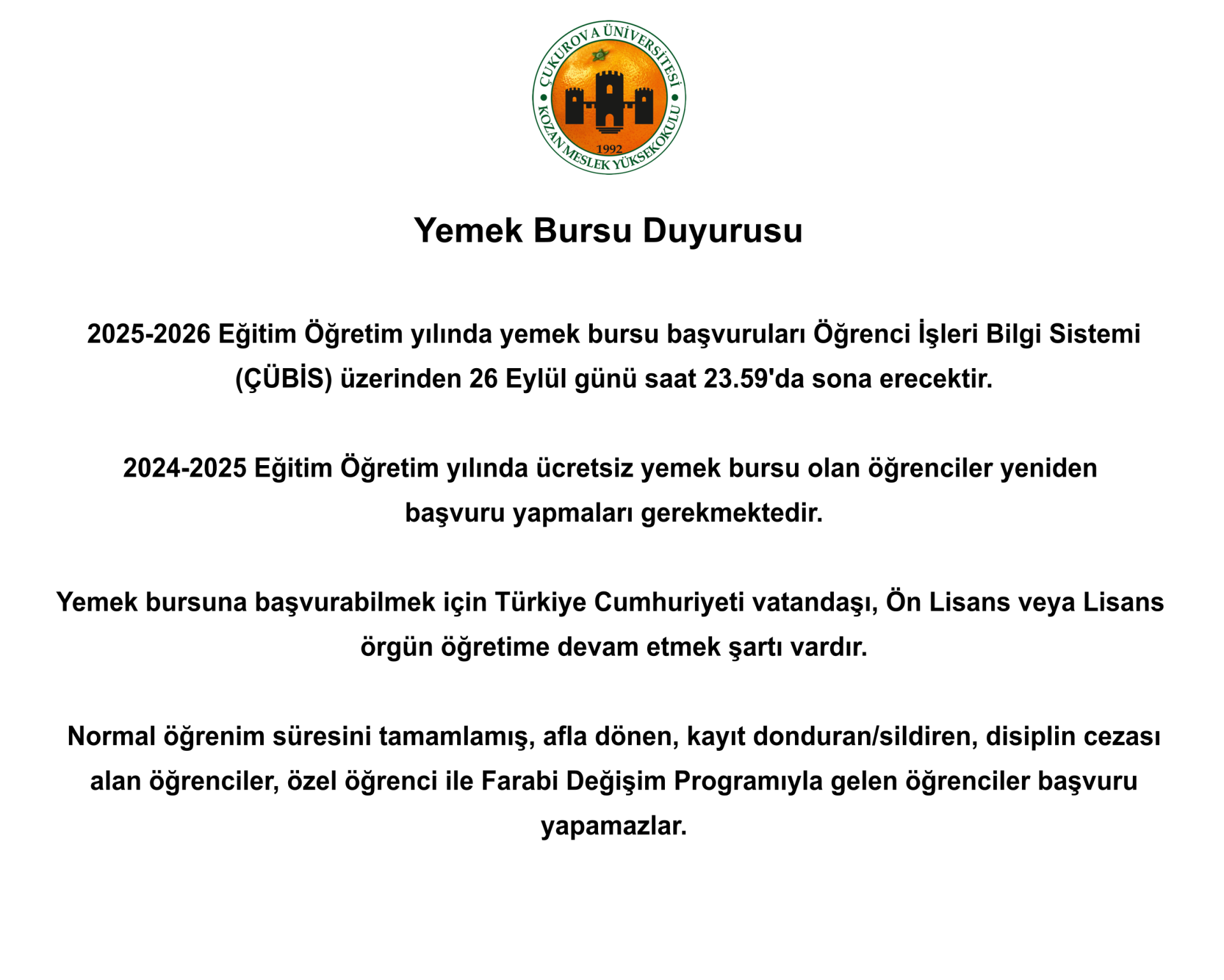 Yemek Bursu Duyurusu