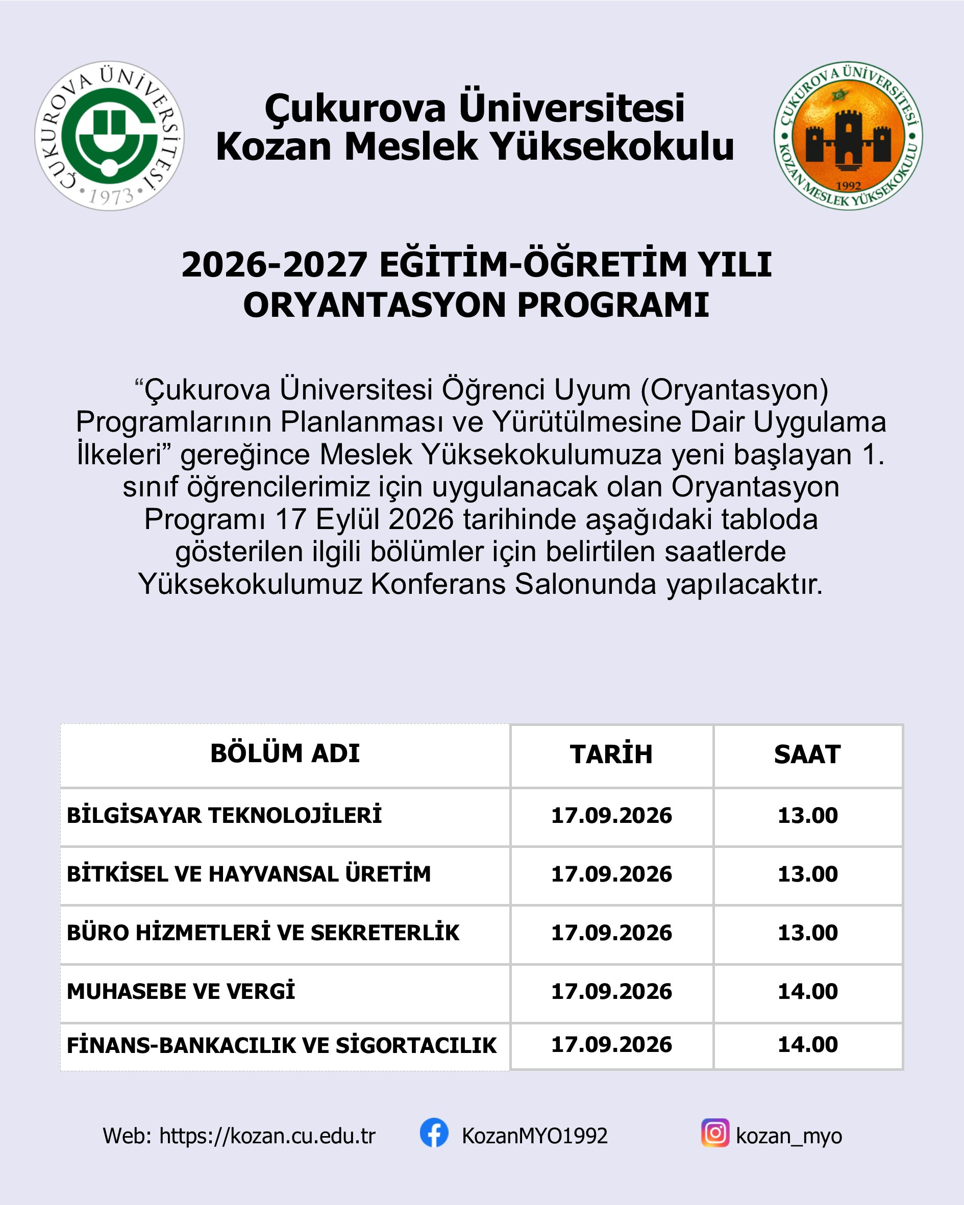 Meslek Yüksekokulumuzda 2026-2027 Eğitim Öğretim Yılı Oryantasyon Programı Yapılacaktır