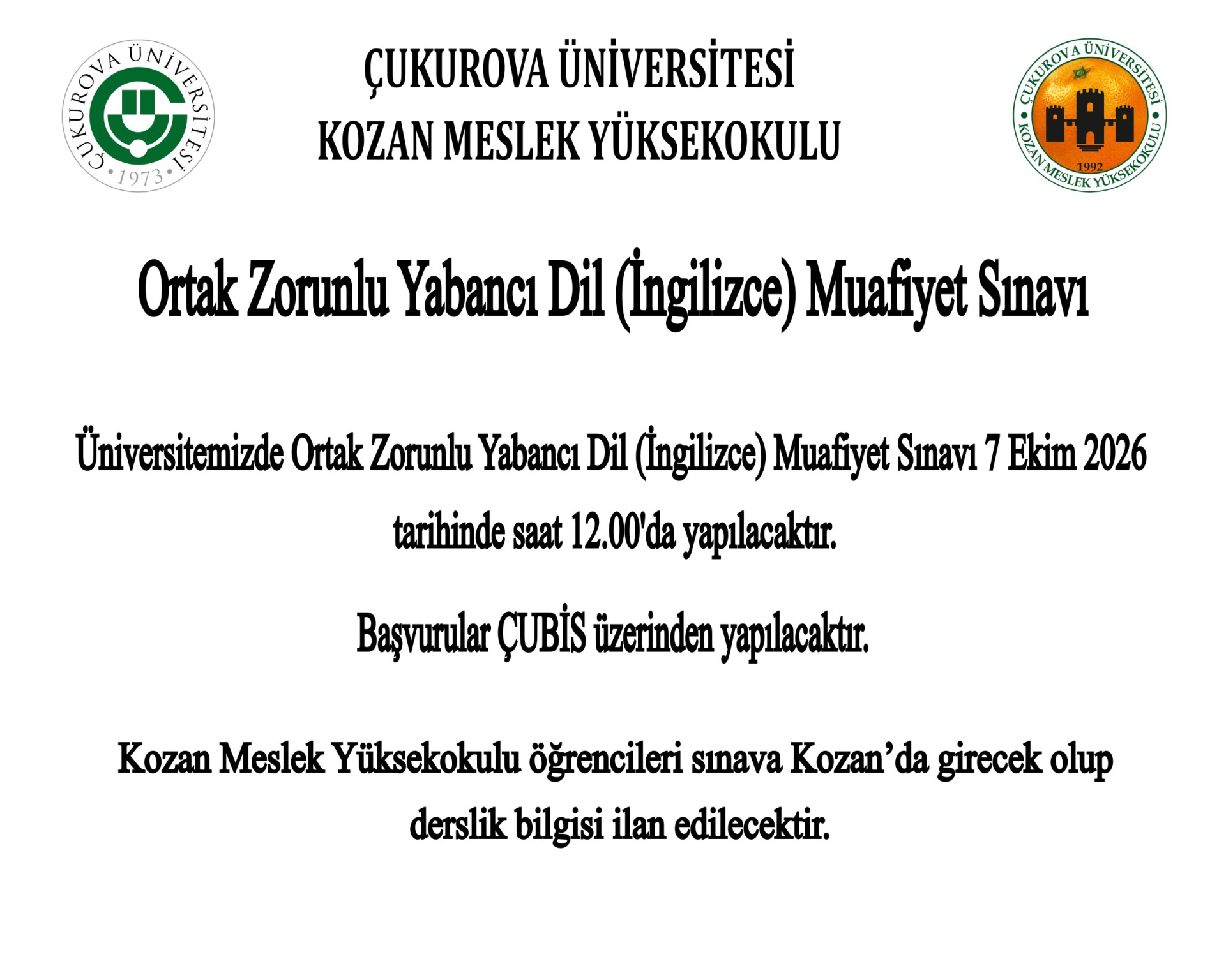 Ortak Zorunlu Yabancı Dil (İngilizce) Muafiyet Sınavı Duyurusu